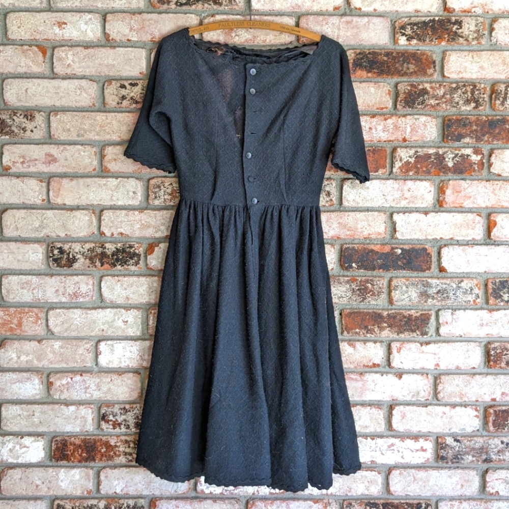 👗 Vintage 60s Lanz Heavy Black Dress A Line Sleeves Full Skirt
